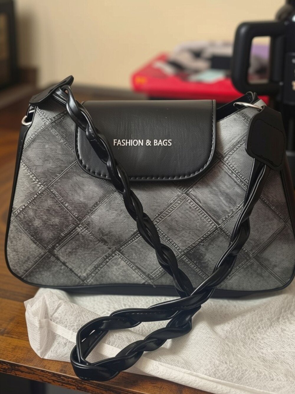 Quilted Gray and Black Shoulder Bag